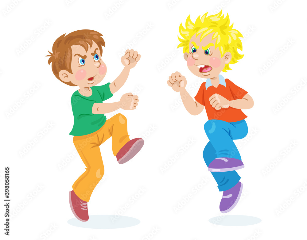 Children and emotions. Two angry boys are fighting. In cartoon style. Isolated on white background. Vector flat illustration. Children and emotions. Two angry boys are fighting. In cartoon style. Isolated on white background. Vector flat illustration.