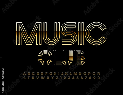 Vector creative sign Music Club. Maze style Font. Gold modern Alphabet Letters and Numbers set