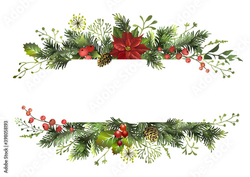 Christmas banner with fir branches, poinsettia flower, holly berry and space for text. Postcard. Christmas background.