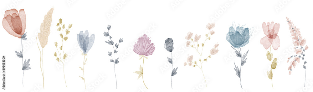 Delicate translucent summer petal flower bud set. Textural digital art watercolor. Print for design packaging products brand, wallpaper, postcards, beauty business, sticker, wrapping paper, fabric