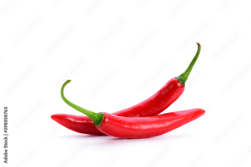 Red fresh chilies are spicy, placed on a white background.