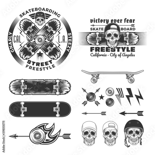 Skateboarding emblem set with skull and crossed skyboards. Additional elements for creating emblems. Print graphic and web design. Monochrome vector illustration.