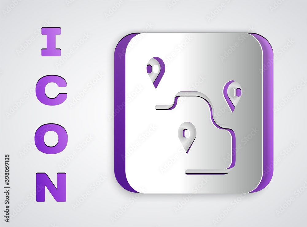 Paper cut Route location icon isolated on grey background. Map pointer sign. Concept of path or road. GPS navigator. Paper art style. Vector. Paper cut Route location icon isolated on grey background. Map pointer sign. Concept of path or road. GPS navigator. Paper art style. Vector.