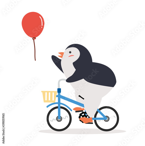 Cute penguin ride a bicycle with balloon