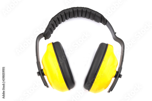 Ear muffs prevent noise from working on a white background.