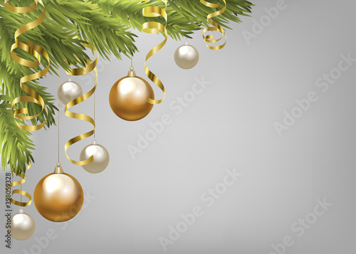 Christmas fir tree with baubles and golden serpentine. Christmas card