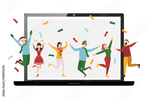 People wishing Merry Christmas and Happy New Year, celebrating holiday and giving gifts via video call or web conference in 2021. quarantine, online party. Vector illustration.