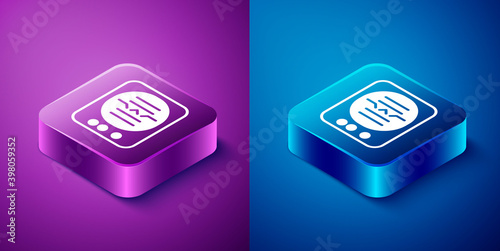 Isometric Attitude indicator is an instrument used in an aircraft to inform the pilot of the orientation of the aircraft icon isolated on blue and purple background. Square button. Vector.