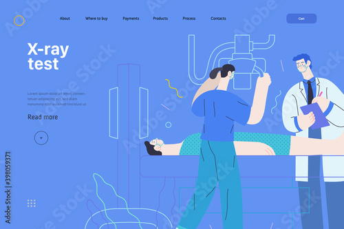 Medical tests template - x-ray test - modern flat vector concept digital illustration of x-ray procedure - a patient and doctors with a x-ray machine, medical office or laboratory
