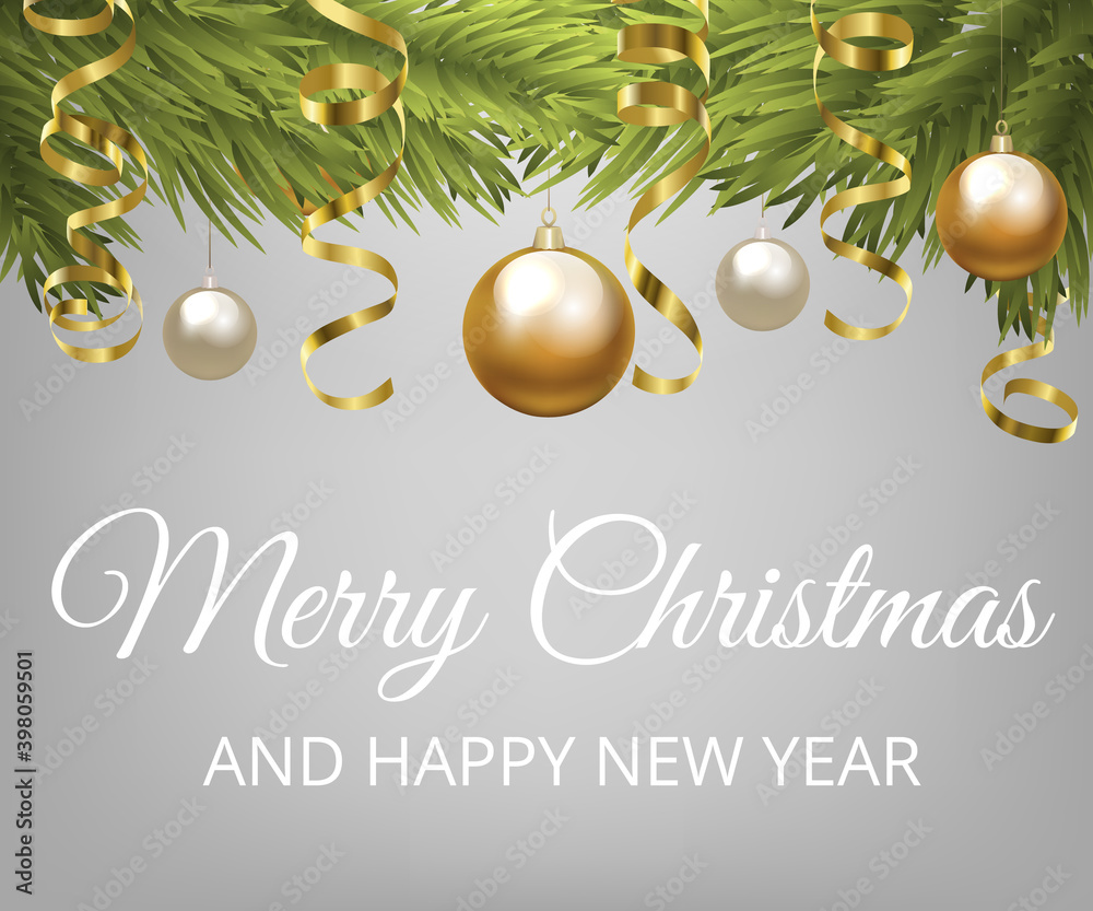 Fototapeta premium Christmas fir tree with baubles and golden serpentine. Christmas card