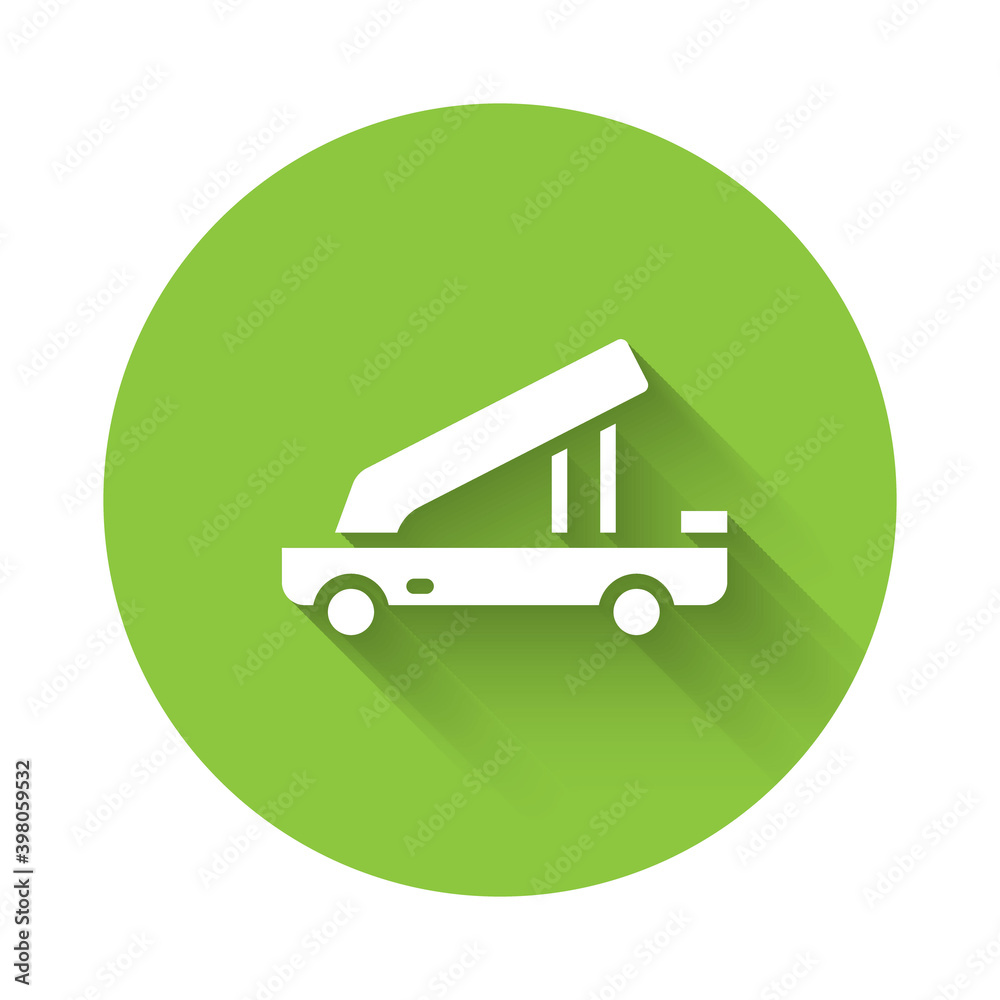 White Passenger ladder for plane boarding icon isolated with long shadow. Airport stair travel. Green circle button. Vector. White Passenger ladder for plane boarding icon isolated with long shadow. Airport stair travel. Green circle button. Vector.