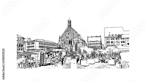Building view with landmark of Nuremberg is the 
city of Germany. Hand drawn sketch illustration in vector.