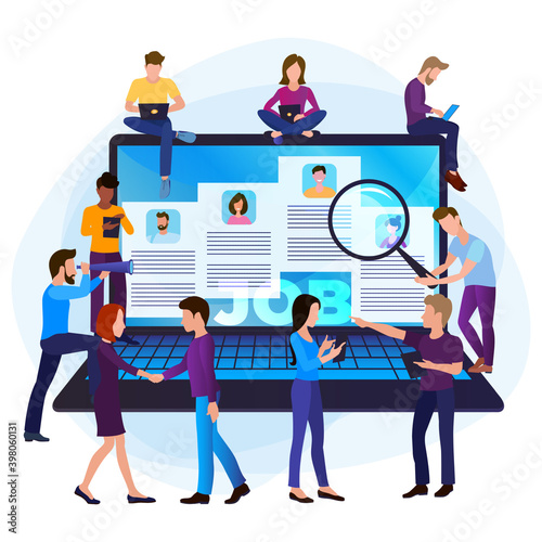 Online job search concept. A group of people are looking for a job. Selection of resumes and interviews via the Internet.