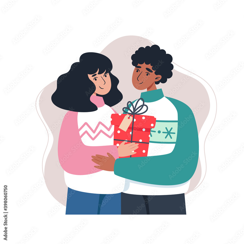 Young family holding a gift, vector illustration in flat style Young family holding a gift, vector illustration in flat style
