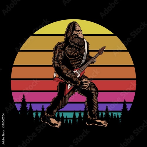 Bigfoot play guitar sunset retro vector illustration