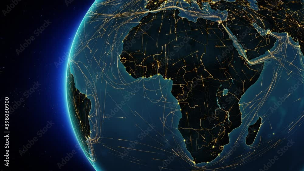 African map with yellow lines. Animation of the Earth with bright connections representing aerial, maritime, ground routes and country borders.