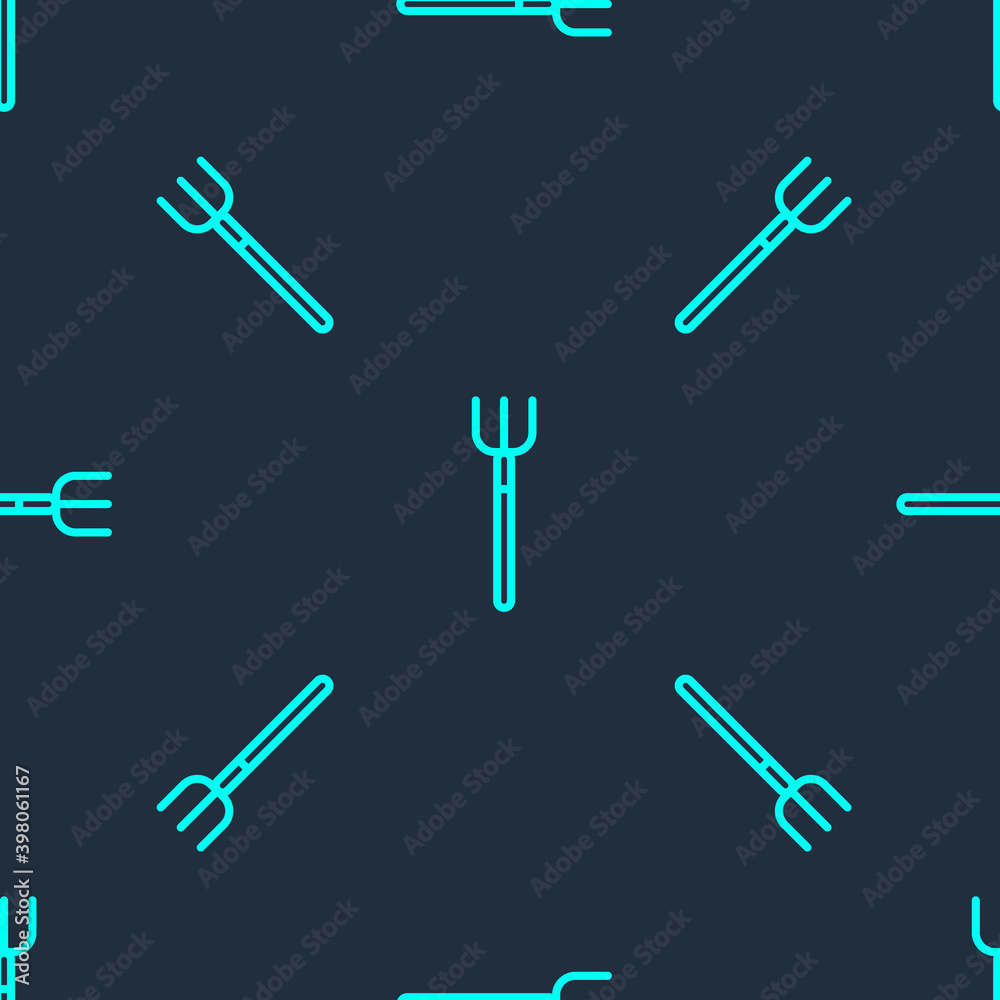 Green line Garden pitchfork icon isolated seamless pattern on blue background. Garden fork sign. Tool for horticulture, agriculture, farming. Vector. Green line Garden pitchfork icon isolated seamless pattern on blue background. Garden fork sign. Tool for horticulture, agriculture, farming. Vector.