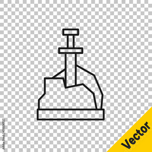 Black line Sword in the stone icon isolated on transparent background. Excalibur the sword in the stone from the Arthurian legends. Vector.