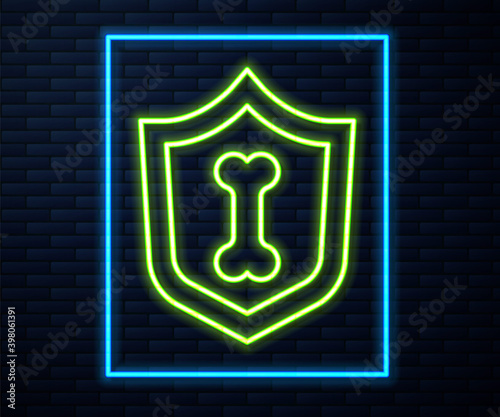 Glowing neon line Animal health insurance icon isolated on brick wall background. Pet protection concept. Vector.