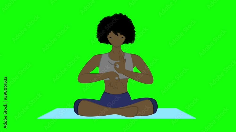 A girl in the lotus position meditation (yoga), spreads her arms and returns to the center, making gestures with the Jnana Mudra brush. (2D animation, green screen)