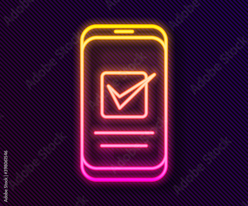 Glowing neon line Smartphone, mobile phone icon isolated on black background. Vector.