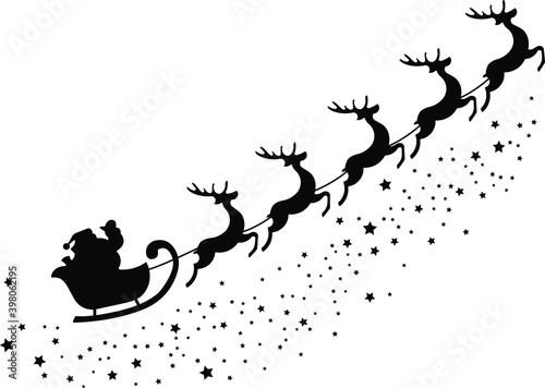 Silhouette of Santa Claus on sleigh and his reindeers. Happy New Year decoration. Merry Christmas holiday. New Year and Xmas celebration. 