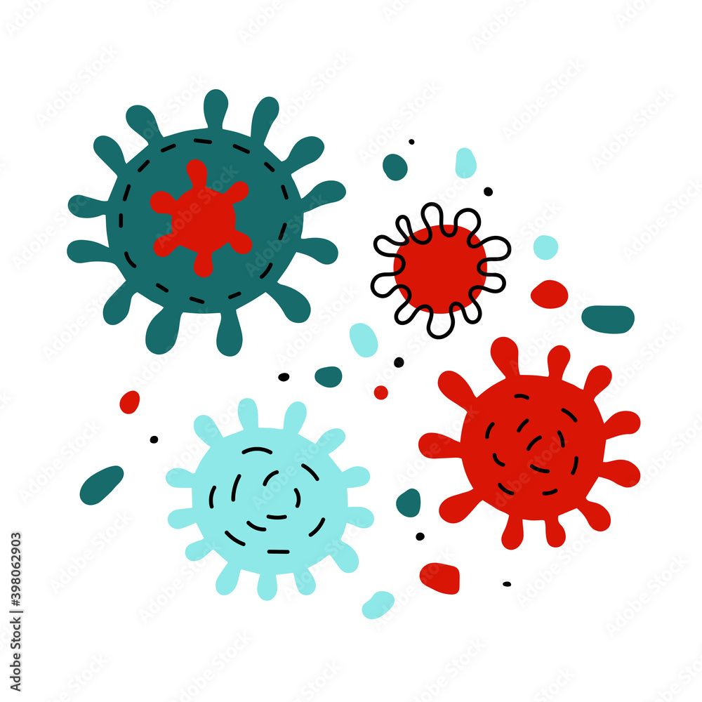 Doodle coronavirus sign set. Cartoon red, blue virus cell isolated on white background. Symbol of illness, pneumonia, covid, medicine, treatment, science, biology, health. Vector medical illustration Doodle coronavirus sign set. Cartoon red, blue virus cell isolated on white background. Symbol of illness, pneumonia, covid, medicine, treatment, science, biology, health. Vector medical illustration
