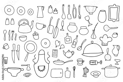 Doodle tableware vector set. Cartoon outline kitchen dishes isolated on white background. Cooking pots, pans, food plates, cutlery, tea kettle, coffee cup, chefs clothes, knife. Kitchenware collection