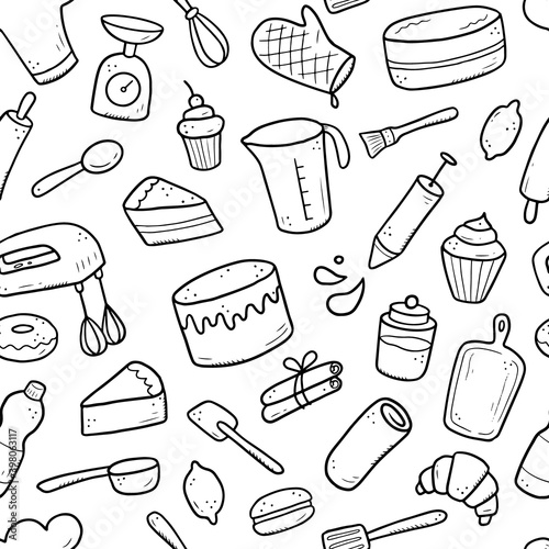 Hand drawn seamless pattern of baking and cooking tools, mixer, cake, spoon, cupcake, scale. Doodle sketch style. Illustration for textile, background, wallpaper design.