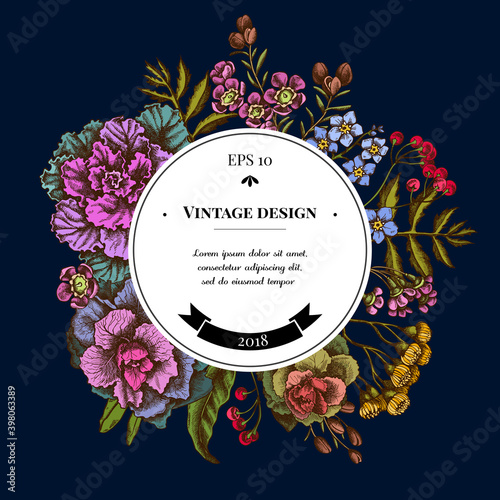 Badge over design with wax flower, forget me not flower, tansy, ardisia, brassica, decorative cabbage