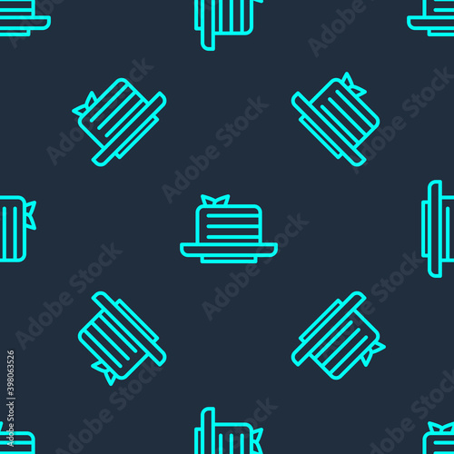 Green line Medovik icon isolated seamless pattern on blue background. Honey layered cake or russian cake Medovik on plate. Vector.