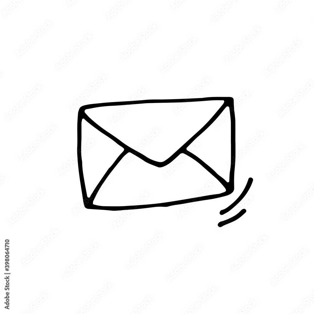 An envelope with a letter. Doodle illustration, hand drawn. Black and white outline An envelope with a letter. Doodle illustration, hand drawn. Black and white outline