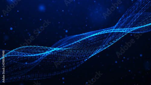 Abstract wave of connected hexagons. Futuristic polygonal background. Artificial intelligence. Big data technology. 3d rendering