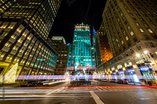 Christmas lights cover the trees on the Park Ave. mall in front of the Helmsley Building in New York City.
