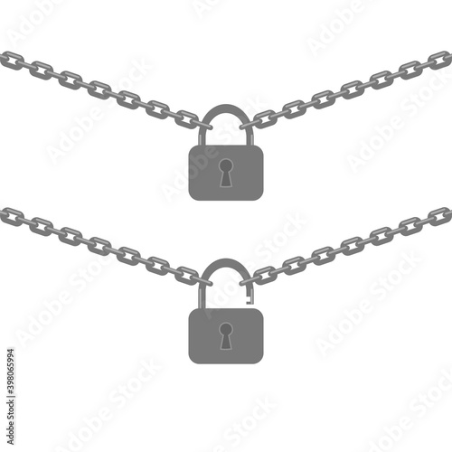 Chain and Closed Opened Lock Isolated on White Background.