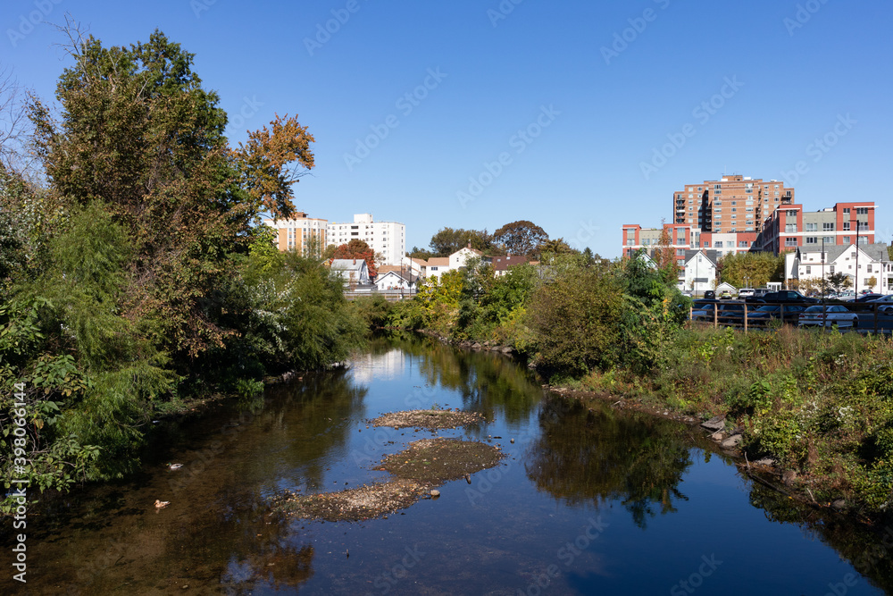 Rippowam River in Stamford Connecticut during Autumn with Beautiful Trees