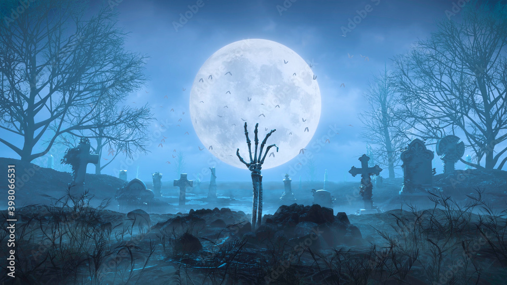 3d render Skeleton arm crawls out of the ground at night against the background of the moon in the cemetery