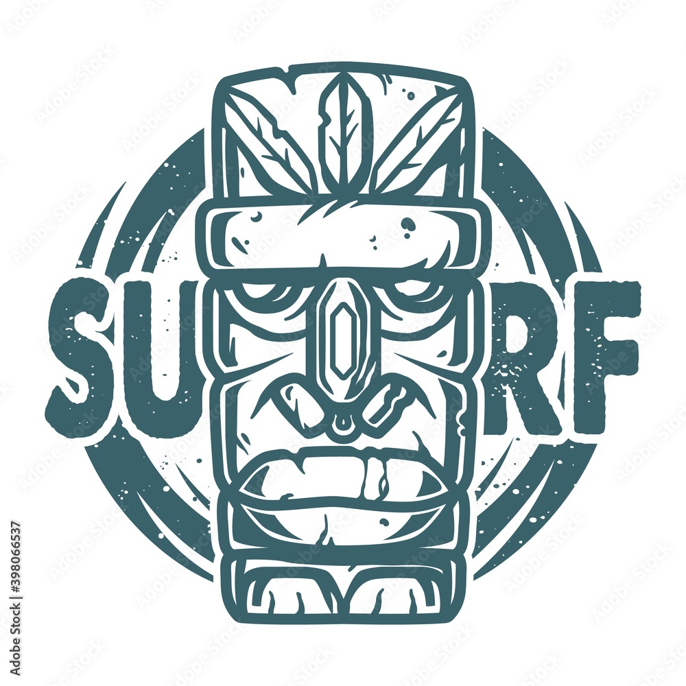 Naklejka premium Surfing print of stone tiki mask, face idol. Vector illustration hawaii summer t-shirt design