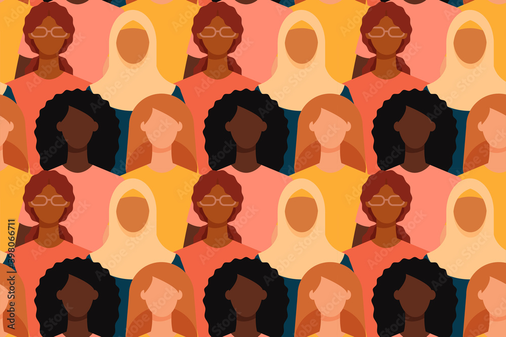 Diverse women seamless tile pattern. Minimal faceless characters. Flat design vector illustration. Diverse women seamless tile pattern. Minimal faceless characters. Flat design vector illustration.