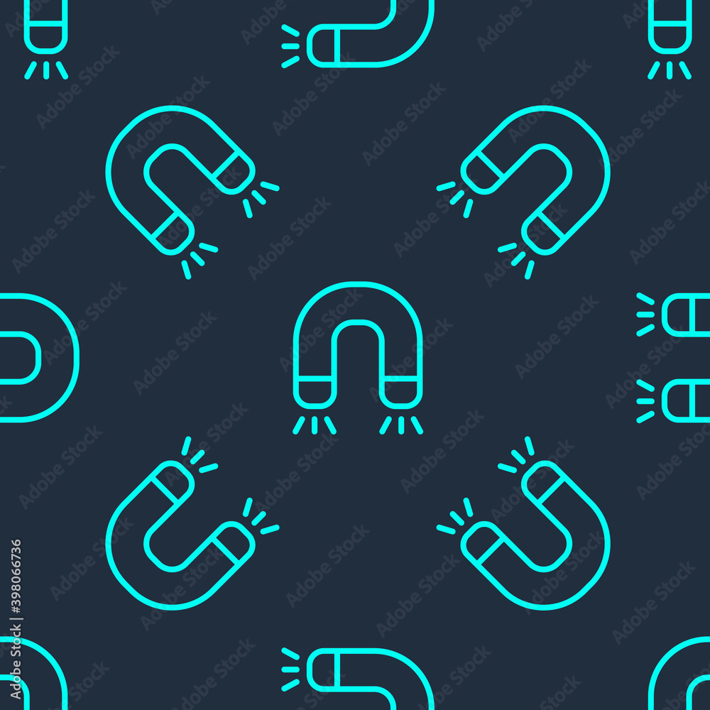 Green line Magnet icon isolated seamless pattern on blue background. Horseshoe magnet, magnetism, magnetize, attraction. Vector. Green line Magnet icon isolated seamless pattern on blue background. Horseshoe magnet, magnetism, magnetize, attraction. Vector.