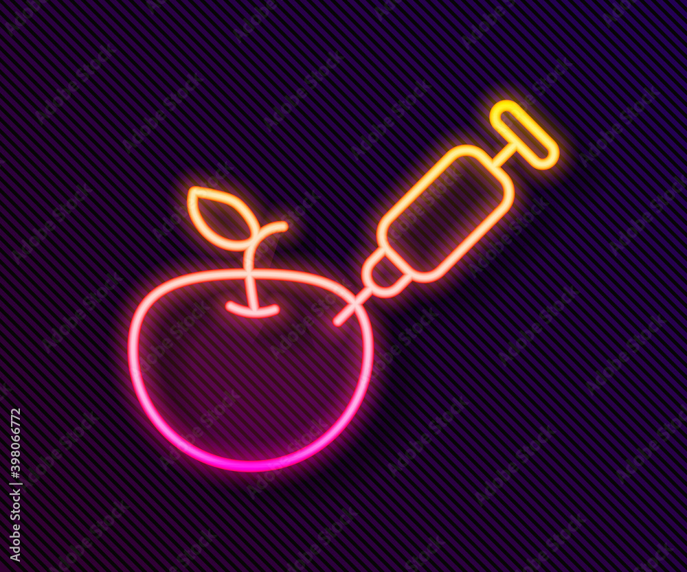Glowing neon line Genetically modified apple icon isolated on black background. GMO fruit. Syringe being injected to apple. Vector. Glowing neon line Genetically modified apple icon isolated on black background. GMO fruit. Syringe being injected to apple. Vector.