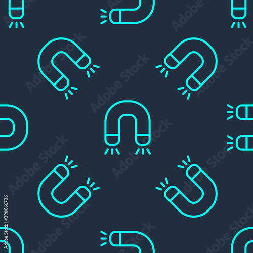 Green line Magnet icon isolated seamless pattern on blue background. Horseshoe magnet, magnetism, magnetize, attraction. Vector.