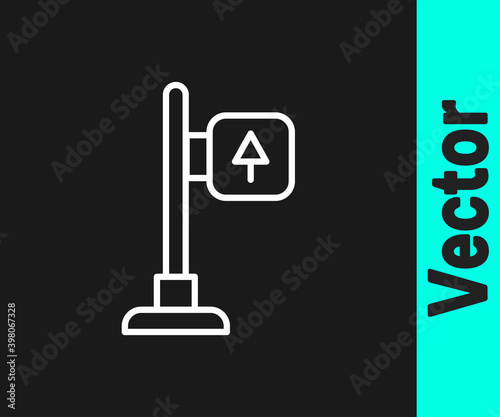 White line Road traffic sign. Signpost icon isolated on black background. Pointer symbol. Street information sign. Direction sign. Vector.