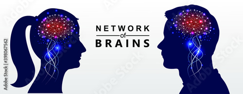 The human head of the primal and the woman with a network of brains illuminates artificial intelligence.