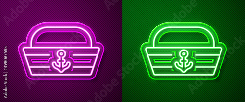 Glowing neon line Sailor hat icon isolated on purple and green background. Vector.