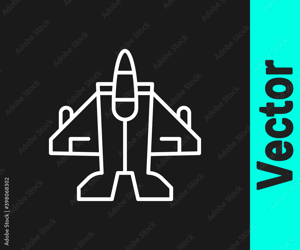 White line Jet fighter icon isolated on black background. Military aircraft. Vector.