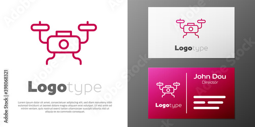 Logotype line Drone flying icon isolated on white background. Quadrocopter with video and photo camera symbol. Logo design template element. Vector.