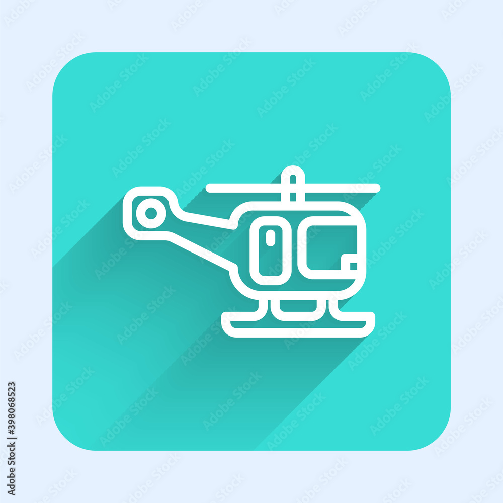 White line Rescue helicopter aircraft vehicle icon isolated with long shadow. Green square button. Vector. White line Rescue helicopter aircraft vehicle icon isolated with long shadow. Green square button. Vector.