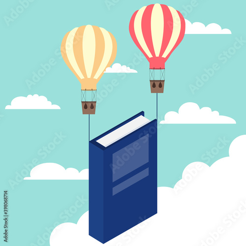 The balloons pull the book upward with them. Vector, cartoon illustration. Vector.