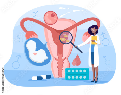 Female doctor making uterus examination. Abstract concept of gynecology and female health. Woman using magnifier to check uterus. Flat cartoon vector illustration